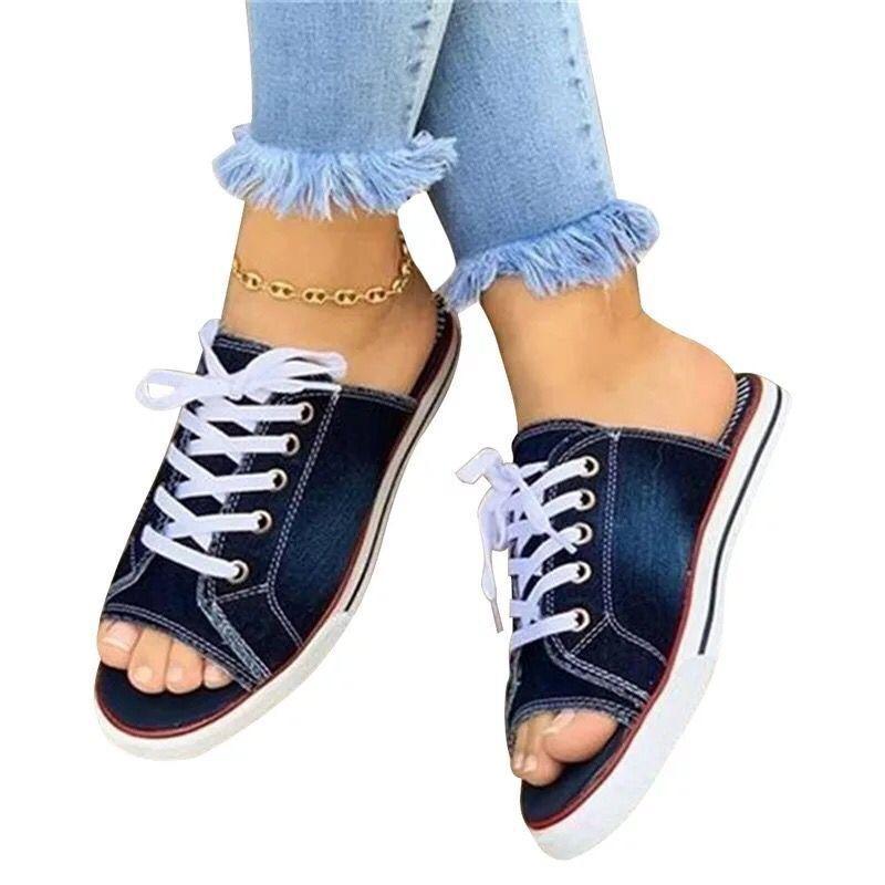 Spring and summer fish mouth denim lace-up casual flat bottom women's cool slippers large size lace-up slippers women
