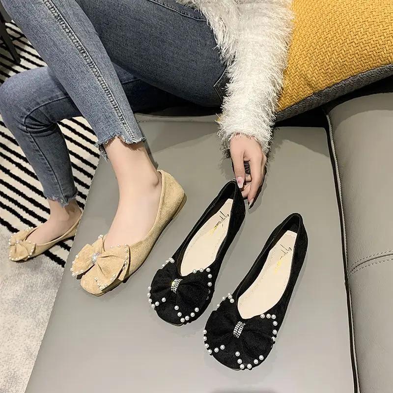 Fashion Square Toe Wear Resistant With Heel Women's Flat Shoes Pearl Anti-slip Casual Shoe Beau Today Spring Discount On Ladies Footwear