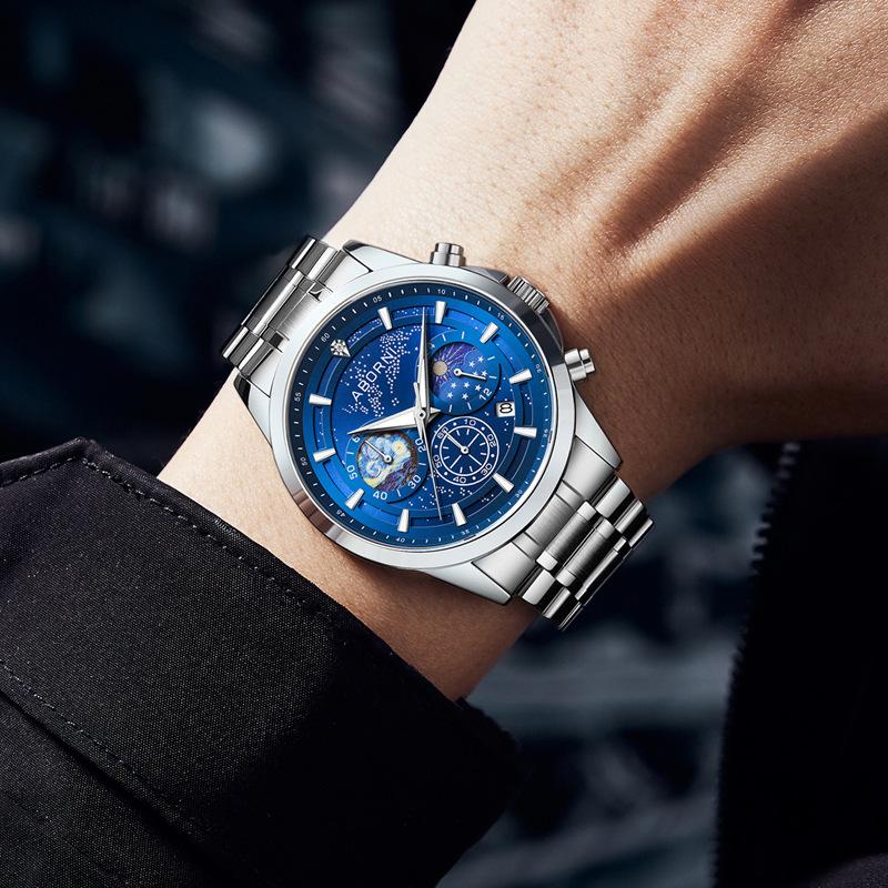 ABORNI Casual Sporty Brand Stainless Steel Band Wristwatches for Men Chronograph Quartz Watches with Date Moon Phase Watches