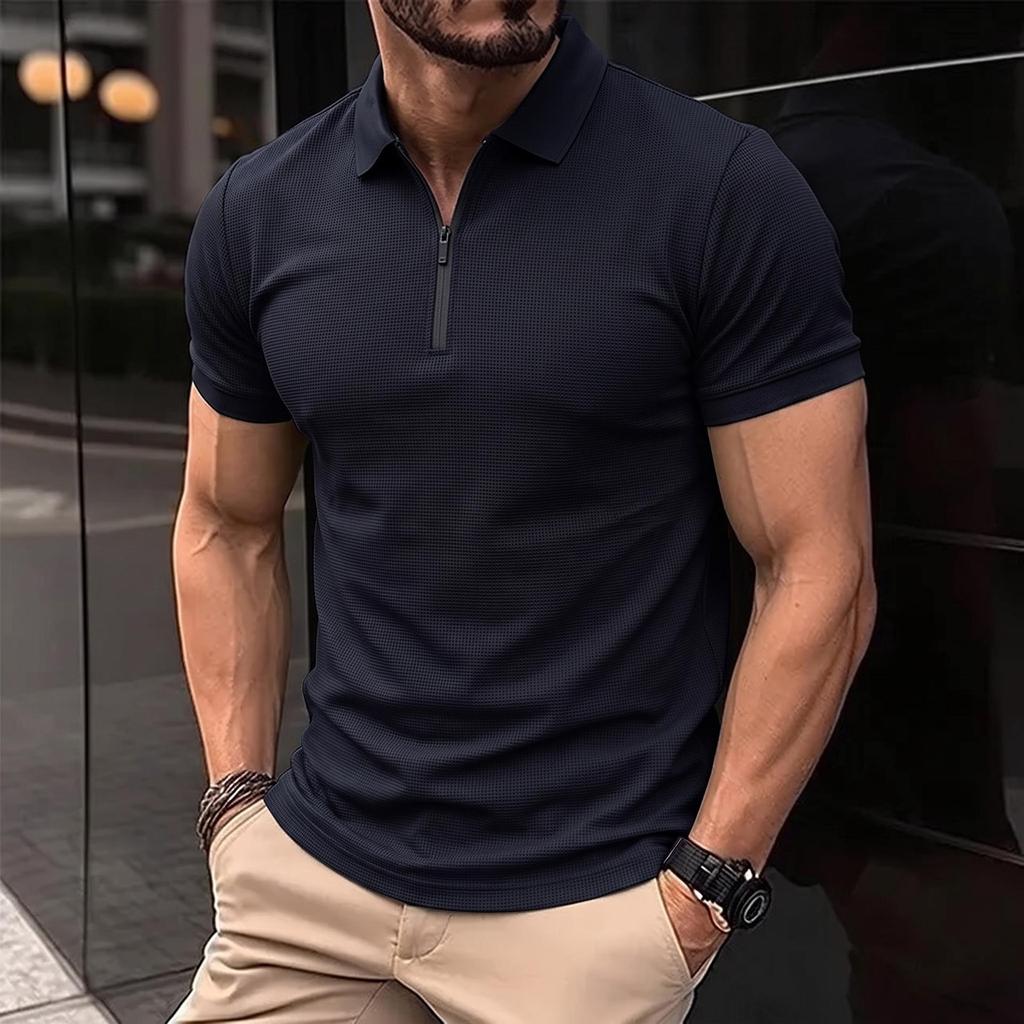 Men's Plus Size Summer Short Sleeve Zipper Polo - Casual, Breathable, High Elastic Pique Mesh Top