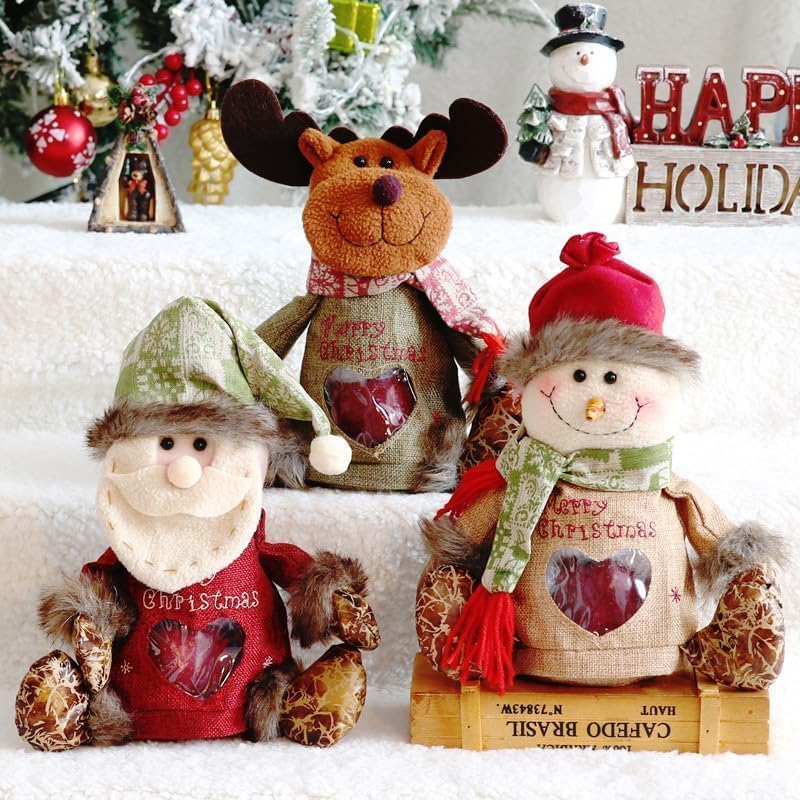 3Pcs Christmas Gifts Candy Bag Zipper Reusable Cartoon Doll Bags with Santa Snowman Style for Party and Festival