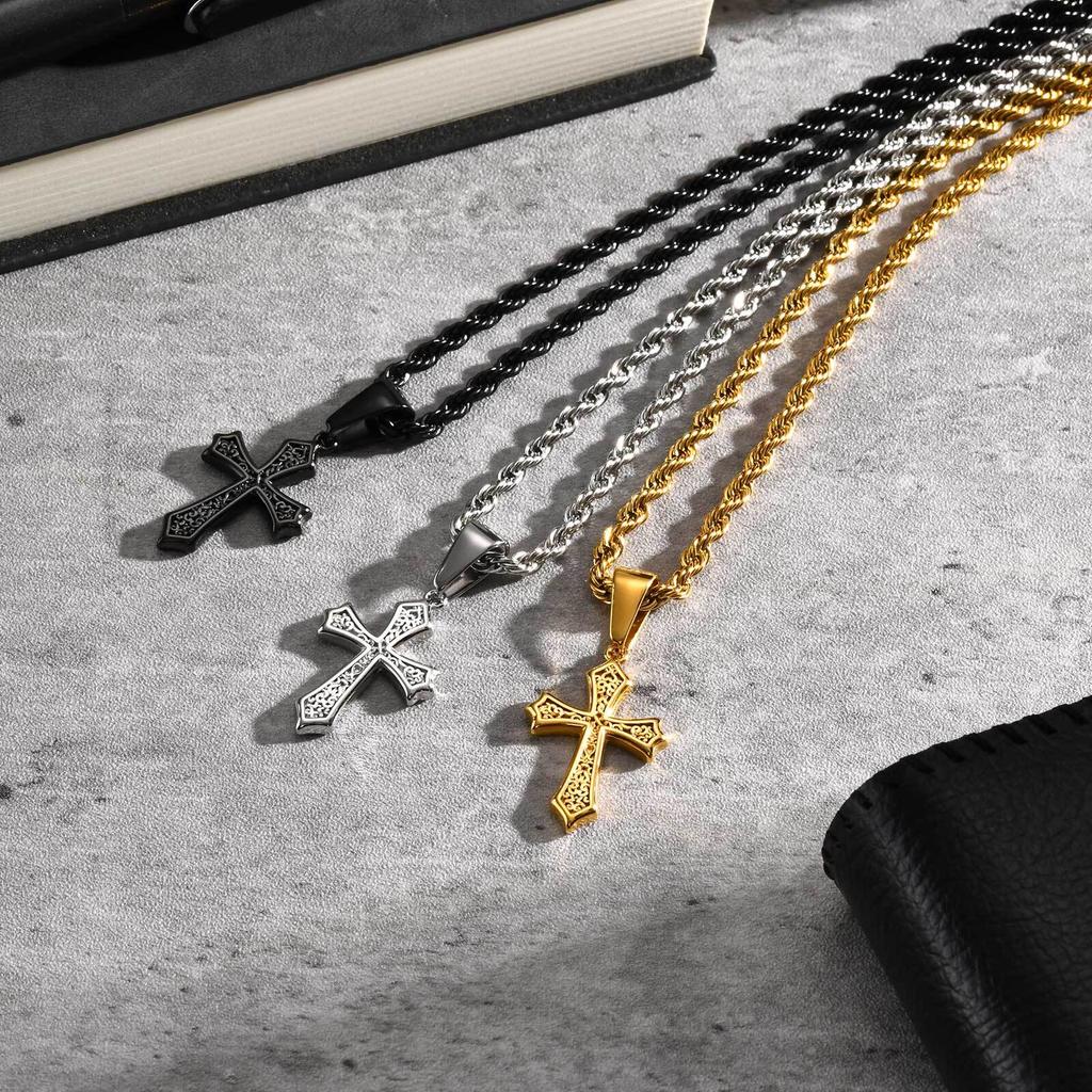 Hiphop Kreuz Halskette für Männer Frauen, 50/55/60cm Edelstahl Kreuz Anhänger, Trendiger Schmuck Geschenk für Ihn Sie