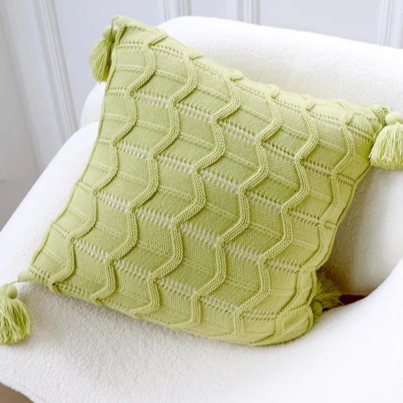 Home Decoration Knitting Cushion Cover Mint Green Tassel Pillowcover Modern Sofa Living Room Waist Pillow Bed Head Round Pillow