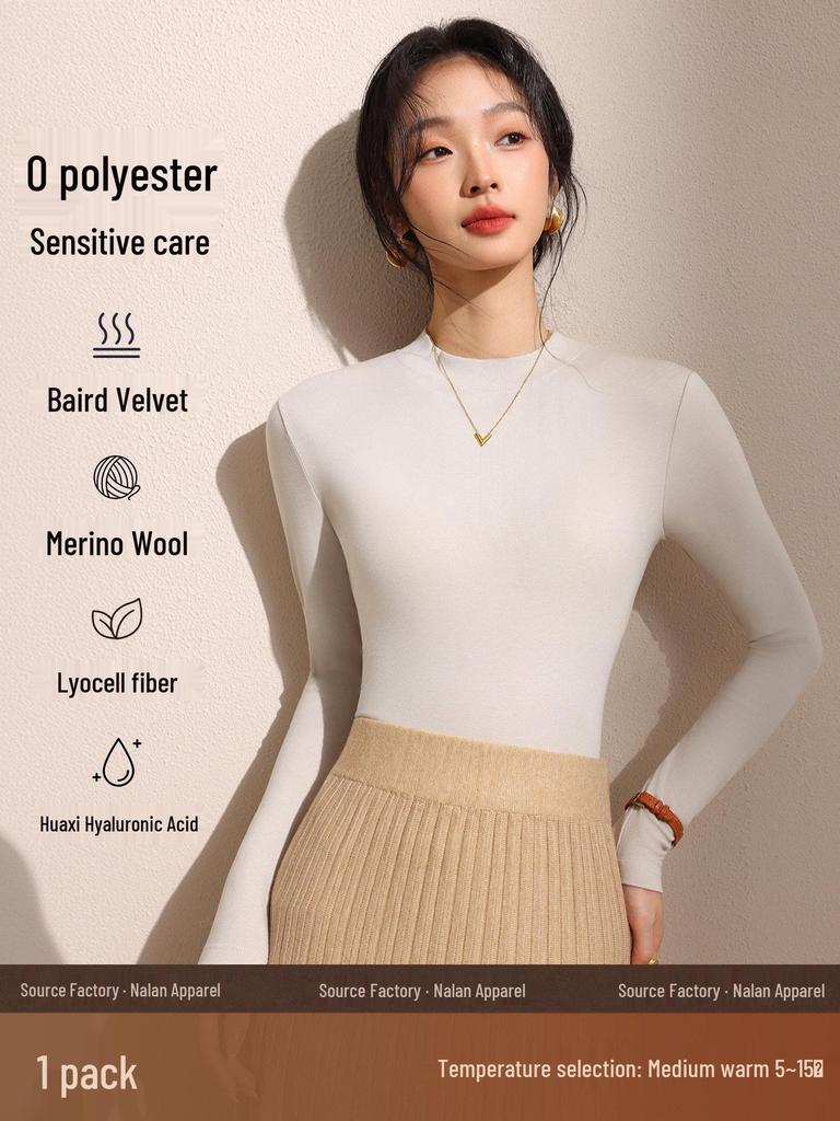 Women's Black Fleece-Lined Half-High Neck Base Layer Knit Top - Thickened Long Sleeve for Autumn/Winter 2026