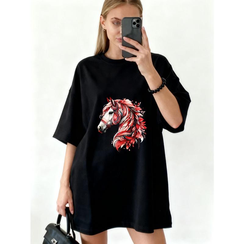 Übergroßes T-Shirt Schwarzer Pferdekopf mit rotem Blumendesign Lässige Streetwear für Damen