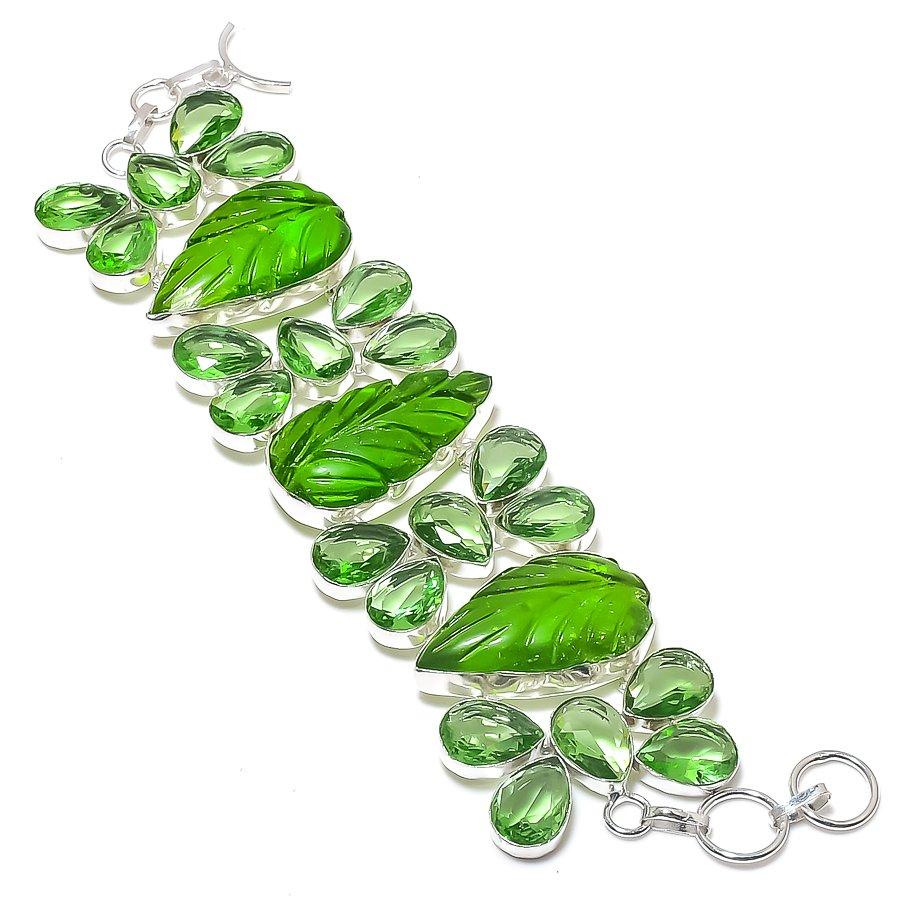 

Натуральная резная фигурка хризолита, браслет из стерлингового серебра 925 пробы с цаворитом 7-8 Q1y72