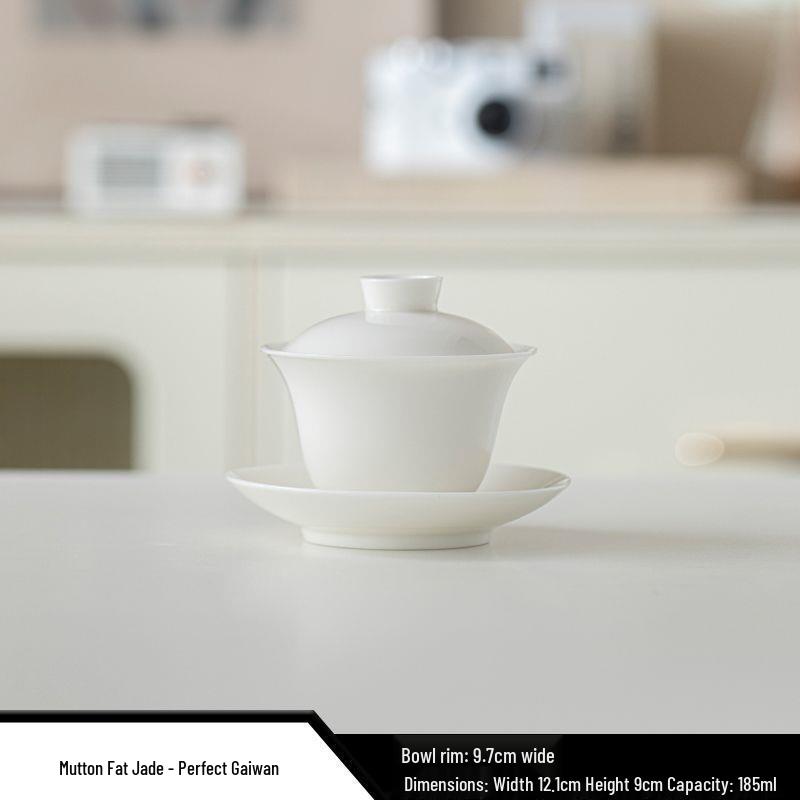 Premium White Porcelain Yangzhi Jade Kung Fu Tea Set with Three-Talent Lid Bowl, Gong Dao Bei, Tea Sea, and Customizable Tea Cups.