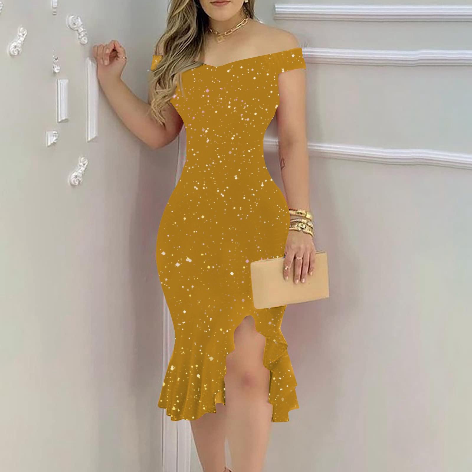 

Женская мода, сексуальные летние платья с открытыми плечами, короткими рукавами и рюшами, нерегулярные платья M жёлтый