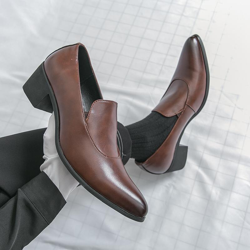 Men Loafers Leather Individuality Formal Business Shoes Pointed Toe Heel Wedding Dress Prom Shoes Over Sized