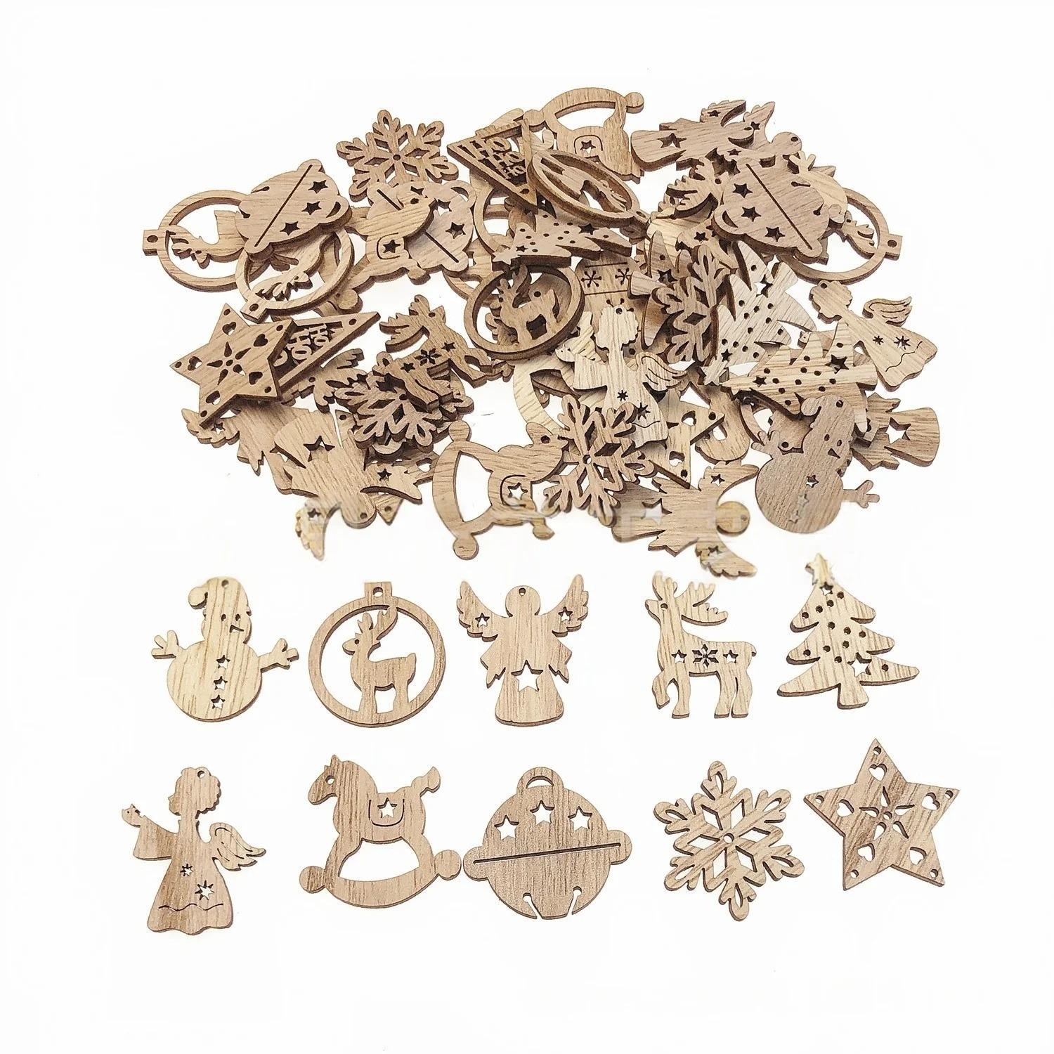 

50PCS Mini Christmas Tree Snowflakes Stars Moose Bells Hats Socks Angels Christmas Unfinished Blank Wood Pieces