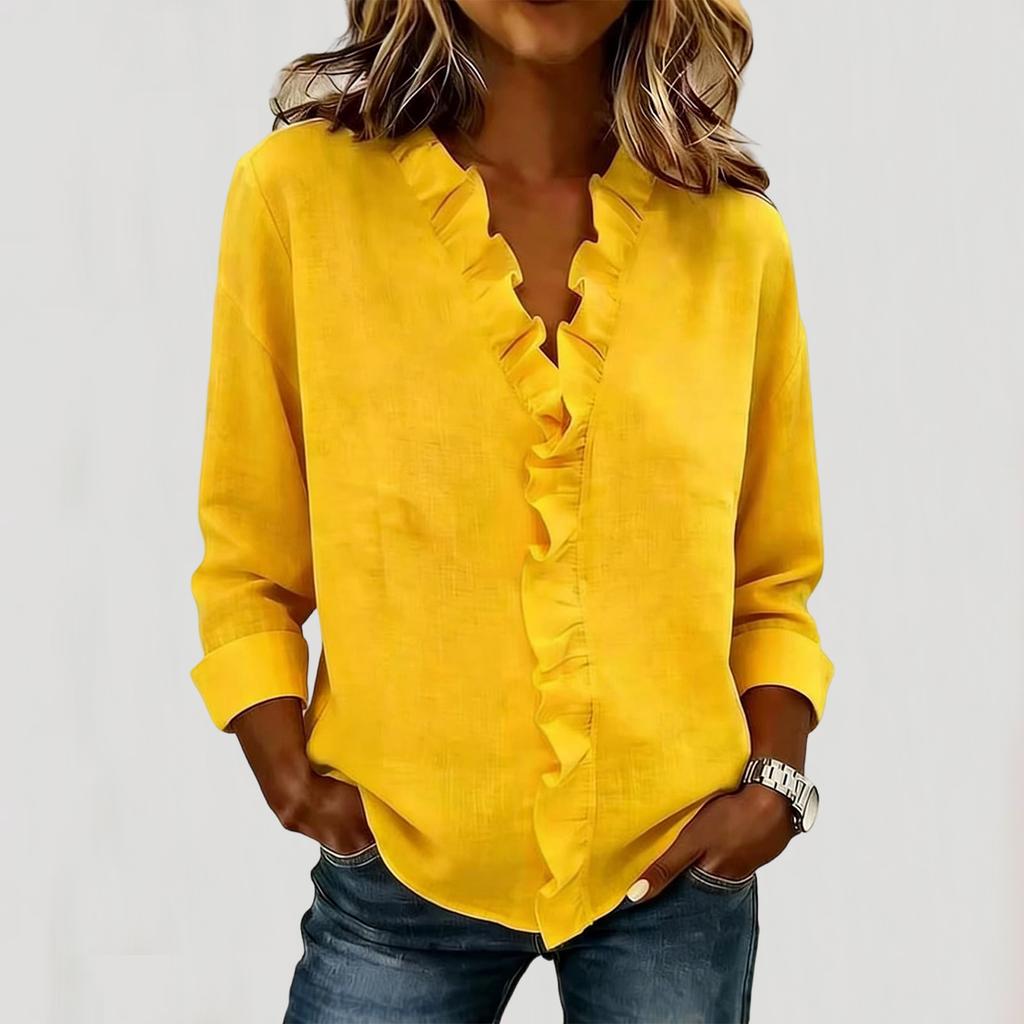 Women's Fashionable Color V Neck  Long Sleeved Shirt Casual Pullover Top