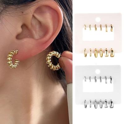 6 Pairs Women Huggie Solid Polished Color Smooth C-shaped Earrings Electroplated Ear Decoration Jewelry