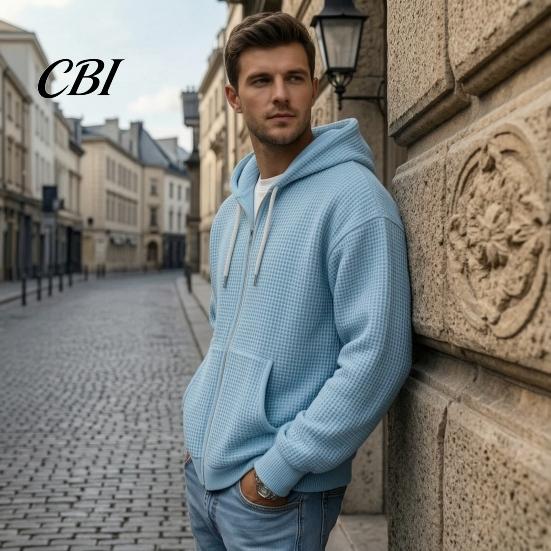 Fashionable Waffle Knit Hoodie Men's Hooded Jacket, Solid Zip Up with Adjustable Lightweight Athletic Outerwear Hood & Pockets, Long Sleeve
