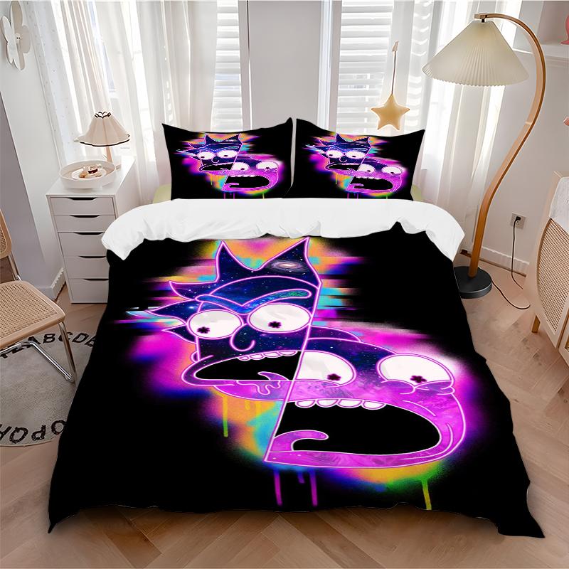 3Pcs Neon Rick Morty Faces Bedding Set Soft Fabric Duvet Cover Pillowcases Home Christmas Xmas Halloween Gift 1 Duvet Cover 2 Pillowcase L1248