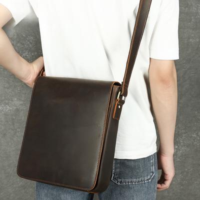 Retro Men's Genuine Leather Single-shoulder Bag, Vertical Square Cowhide Crossbody Bag, Versatile and Casual Crossbody Bag