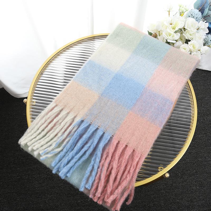 Men's and Women's Autumn and Winter Scarf Fashionable Warm Rainbow Plaid Shawl Tassel Thickened Mohair Scarf