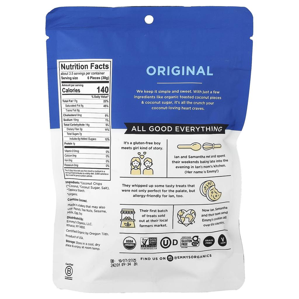 Emmy's Organic Cookies, Original Coconut Crunch, 100g (3.5oz)