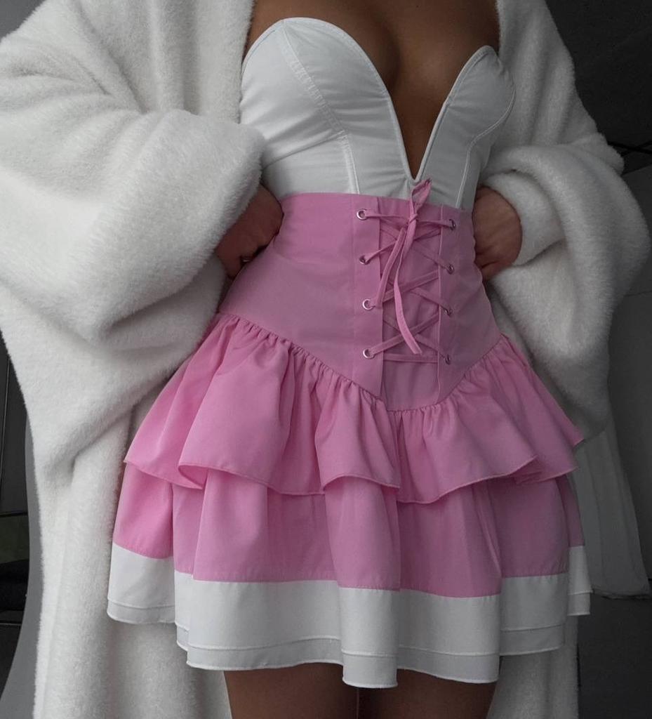 European and American Bows Slim Splicing Long-sleeved Tops High-waisted Short Skirts Strap Splicing Women's Skirts
