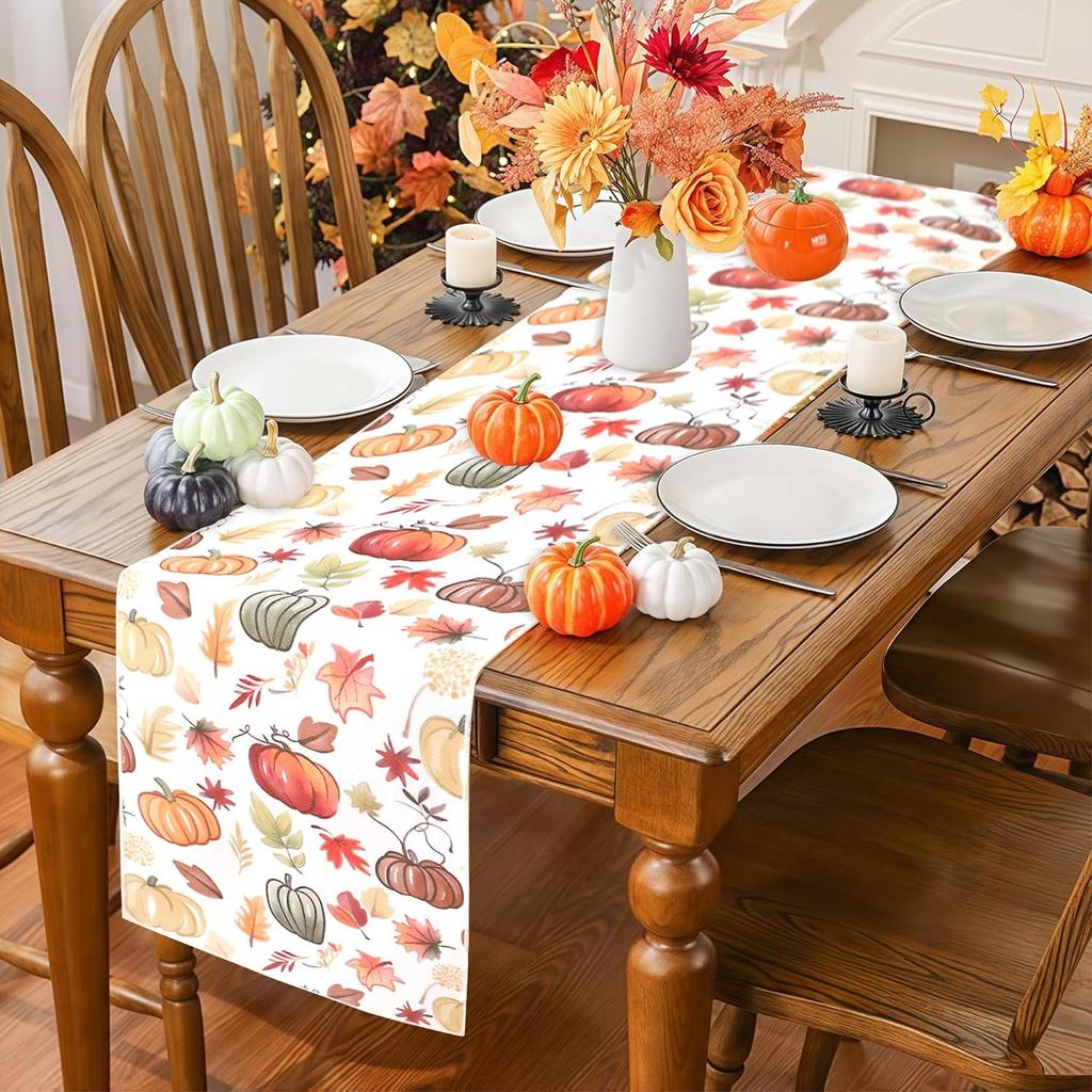 OWENIE Fall Table Runner for Kitchen Dining Table, Thanksgiving Autumn Printed Harvest Pumpk Maple Leaves Textured Fabric Halloween Holiday Home