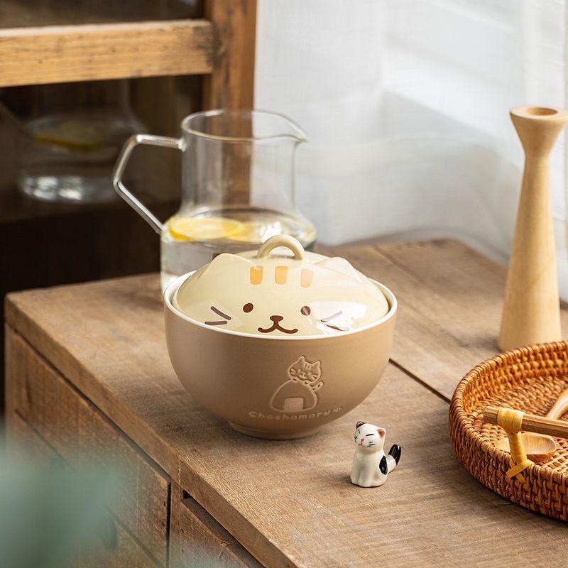 Japanese Cat Ceramic Noodle Bowl with Lid – Cute Ramen, Noodle, and Soup Bowl for Home or Gift