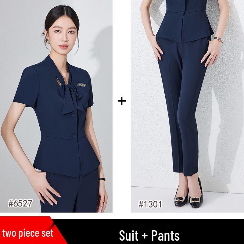Women's Thin Dark Blue Short-Sleeve Suit Set - Summer Hotel Front Desk, Lobby Manager, Jewelry Store Uniform
