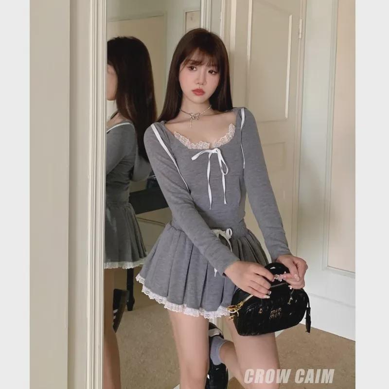Gray Lace Stitching Hooded Sweatshirt & A-Line Skirt Casual Two-Piece Set for Women