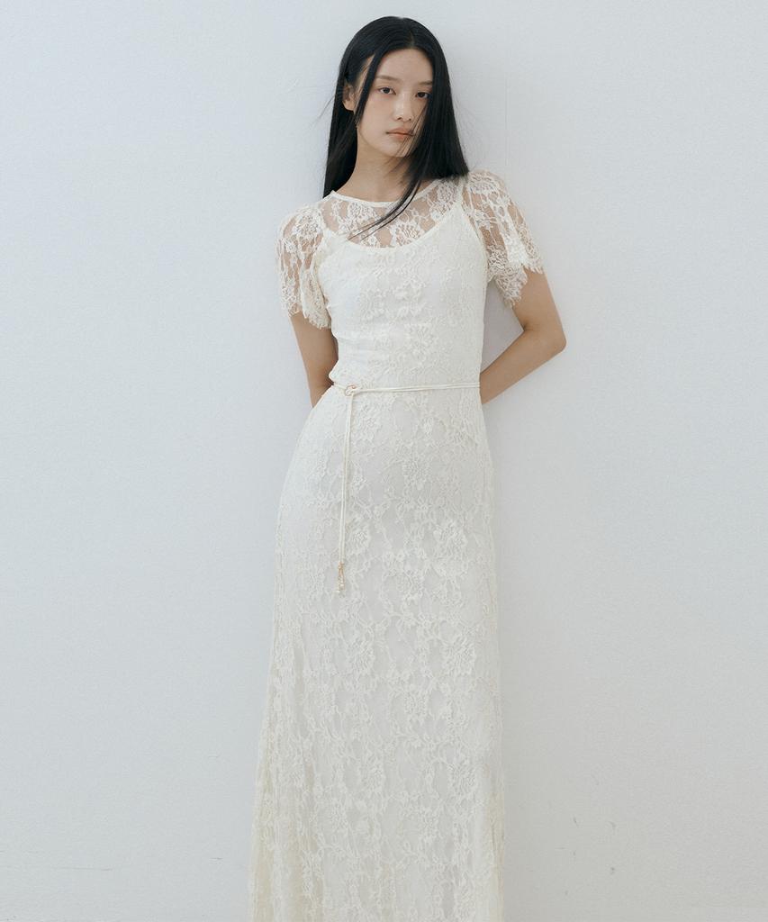 Lucirju Della Lace Dress & Signature Pearl Belt Set (Cream)