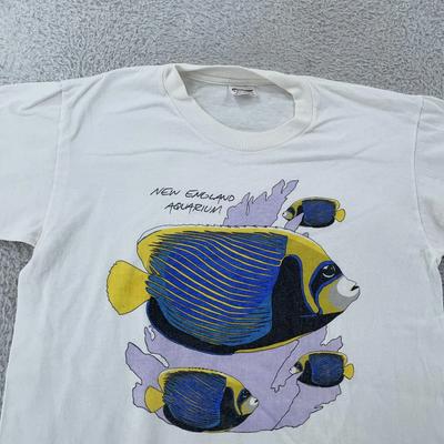 Vintage New England Aquarium Shirt Mens Small White Tropical Fish Made USA 90s