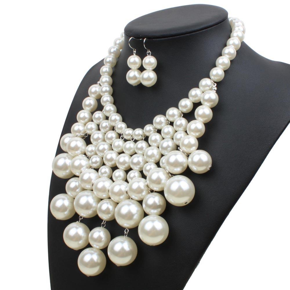Temperament Fashion Multi Layer Pearl Necklace Earring Set Personality Versatile Tassel Pearl Exaggerated Collarbone Chain Female