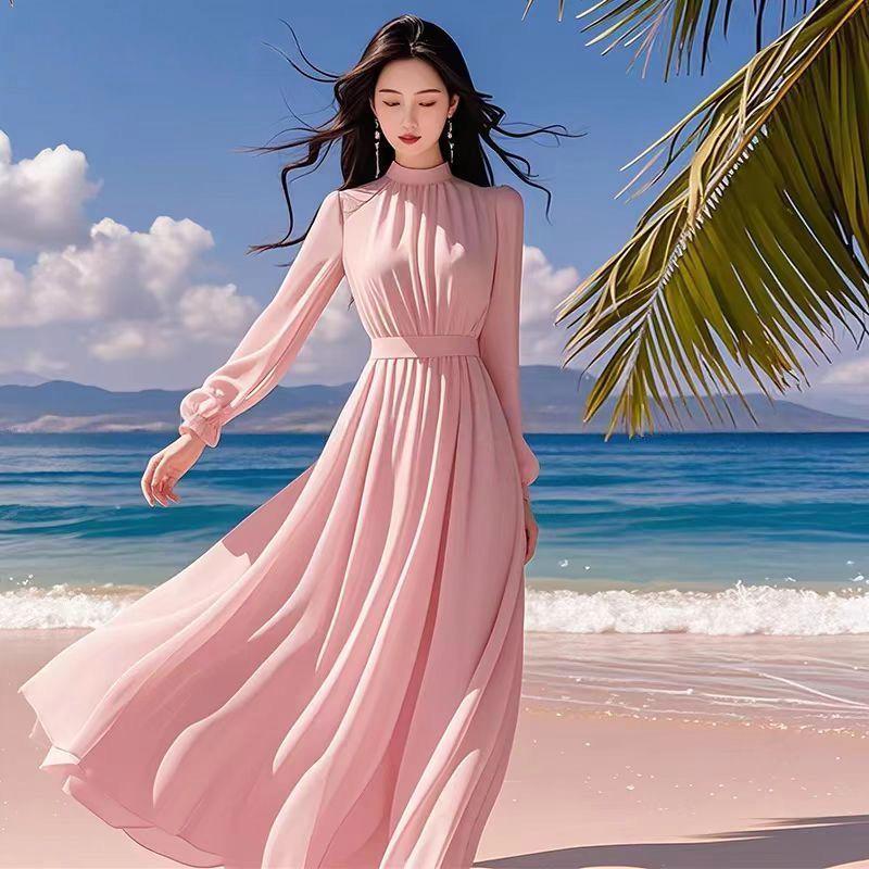 Elegant Women's Purple Long Sleeve Spring-Autumn Seaside Vacation Dress with Waist-Cinched Wide Hem, 2025 New Style.