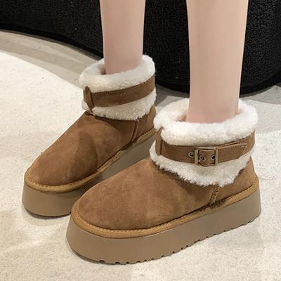 Botas de nieve de plataforma corta con punta redonda y forro polar de felpa sólida para invierno, abrigadas, de moda 2024.