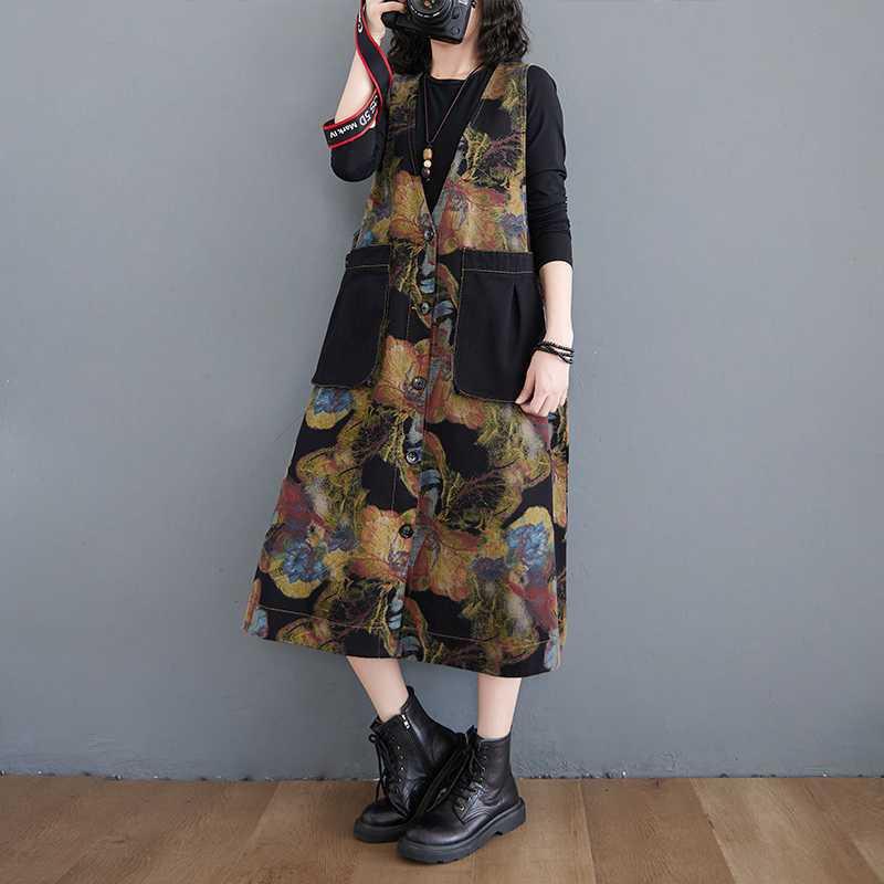 Plus Size Women Dress Vintage Elegant Lady Vestido Sleeveless Floral Print Denim Spring Jeans Dress 2021 Female Clothing