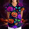 Women's Halloween Print Loose V-Neck Short Sleeve Pocket Uniform Top Scrub Costume Cosplay for Adult Women