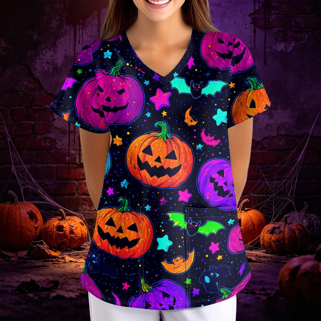 Women's Halloween Print Loose V-Neck Short Sleeve Pocket Uniform Top Scrub Costume Cosplay for Adult Women