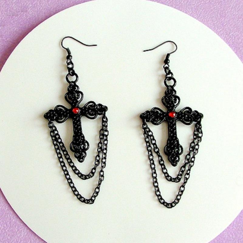 New Gothic Black Ruby Cross Long Chain Earrings