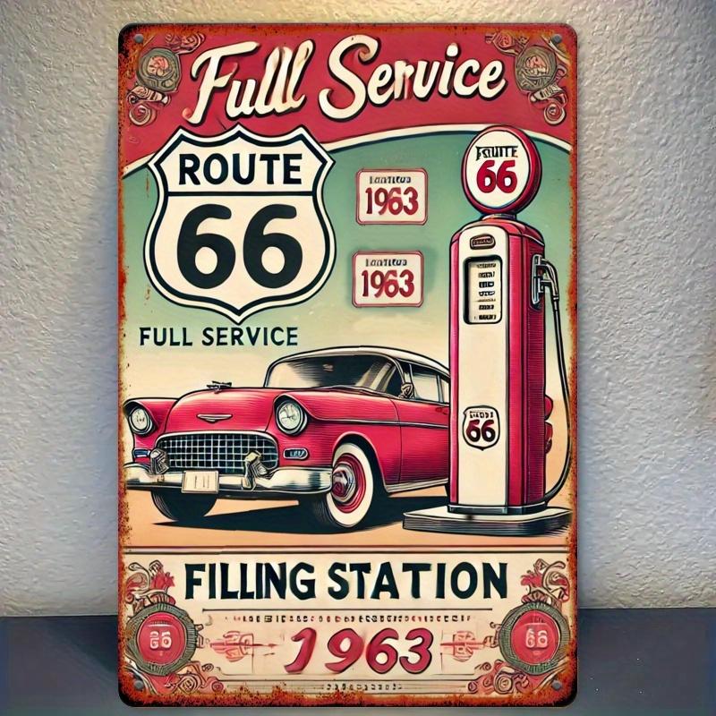 

[ Знак Route 66] Металлический знак Route 66 - Ретро-декор для автозаправки с классическим красным автомобилем и дизайном ПОЛНОЕ ОБСЛУЖИВАНИЕ | Для настенного крепления 20x30cm