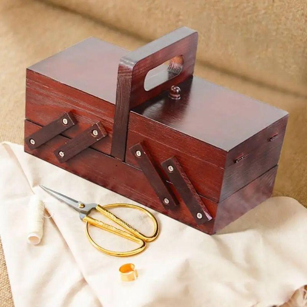 

Портативная деревянная швейная коробка, складная швейная коробка, корзина для хранения ниток и игл