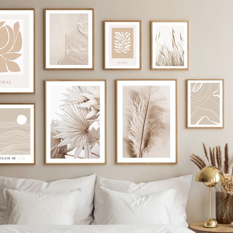 Beige Palm Wave Soft Feather Reeds Lines Nordic Posters Prints Canvas Painting Wall Art Pictures For Living Room Home Decor