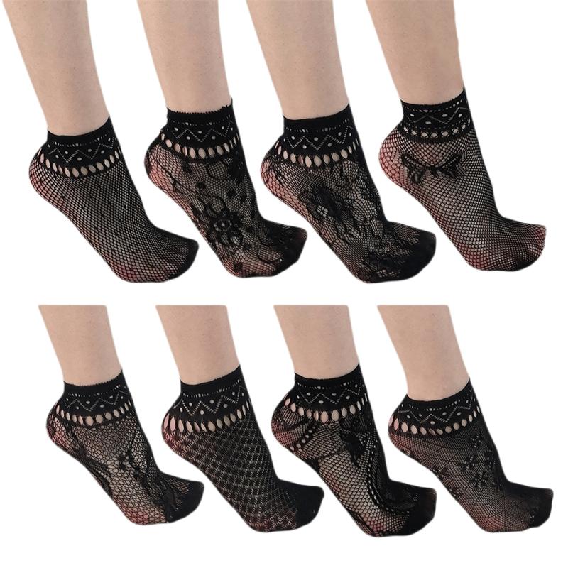 Women'S Black Fishnet Ankle Socks Retro Floral Dress Hollow Out Nylon Elastic In Patterned Short Socks