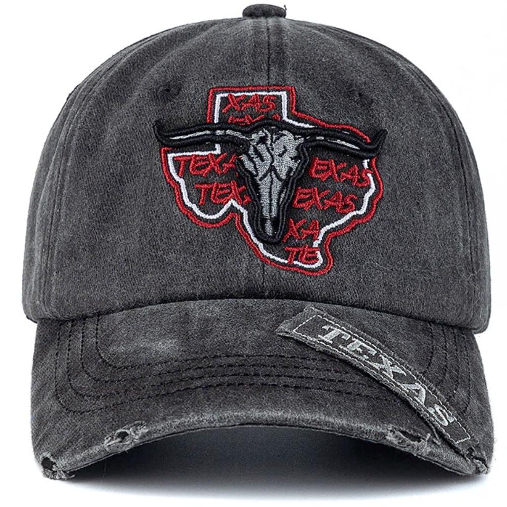 Unisex Praná Bavlněná Vintage Čepice Klasická Čepice TEXAS s Výšivkou Hlavy Býka Baseballová Čepice Venkovní Táta Klobouk Pro Muže Ženy