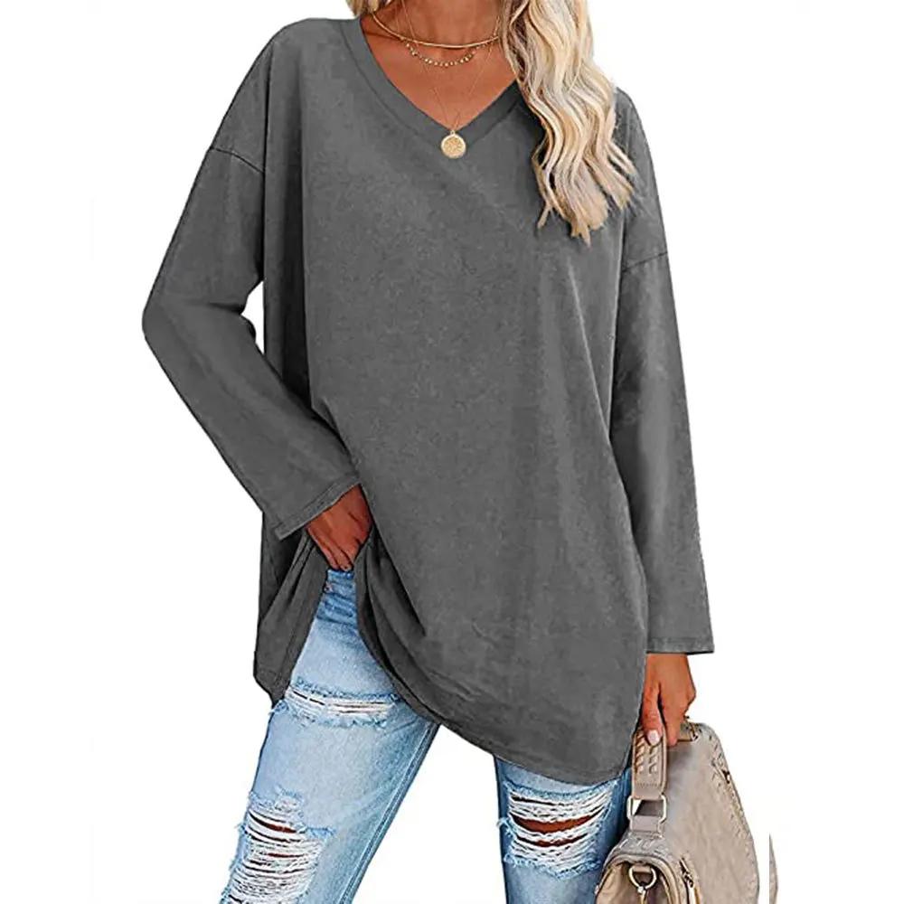 Damen Lockeres Langarm V-Ausschnitt Strickoberteil Große Plus Size Oberteile Damen Frühling Sommer Einfarbiges Oberteil Langarm V-Ausschnitt