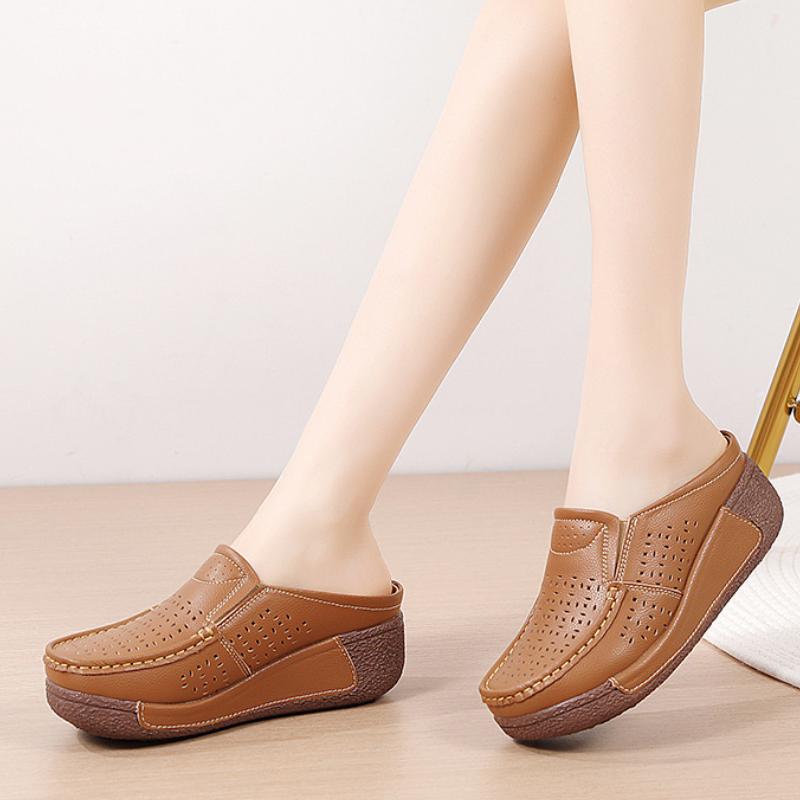 Women PU Leather Platform Slippers Hollow-out Fashion Casual Shoes Wedge Heels Casual Loafers Elegant Mother Shoes