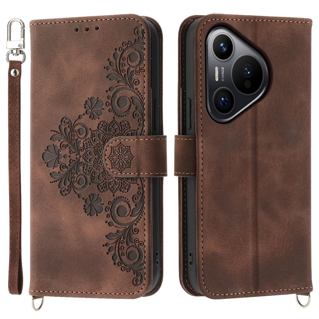 For Huawei Pura 70 Case Wallet Flower Pattern PU Leather Phone Cover with Crossbody Strap