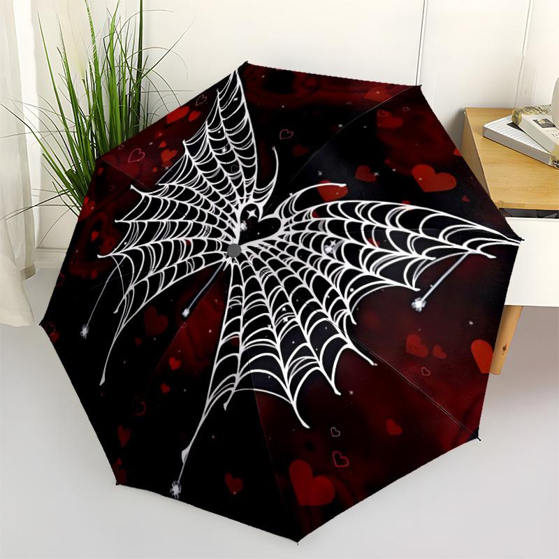 1pc Spider Web Hearts Automatic Folding Umbrella - Compact 8-Rib Design, Durable Plastic & Iron, Lightweight for Outdoor Daily Use305