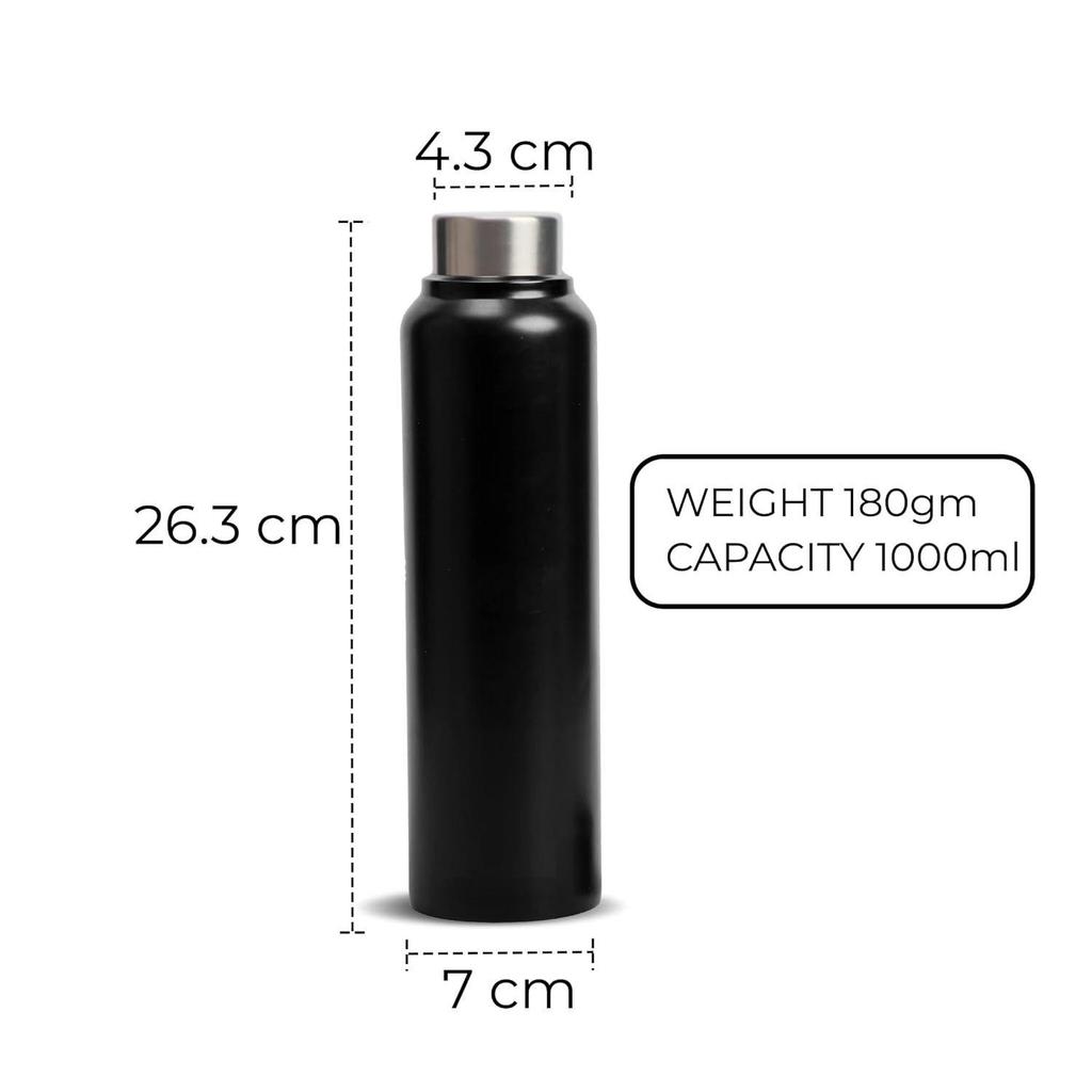 Stainless Steel Water Bottle 1 Ltr For Kids, Boys, Girls, 1 Litre Bottles for Gym, Sports, Fridge Use, School & Office (Steel Cap - Set of 1, Black)