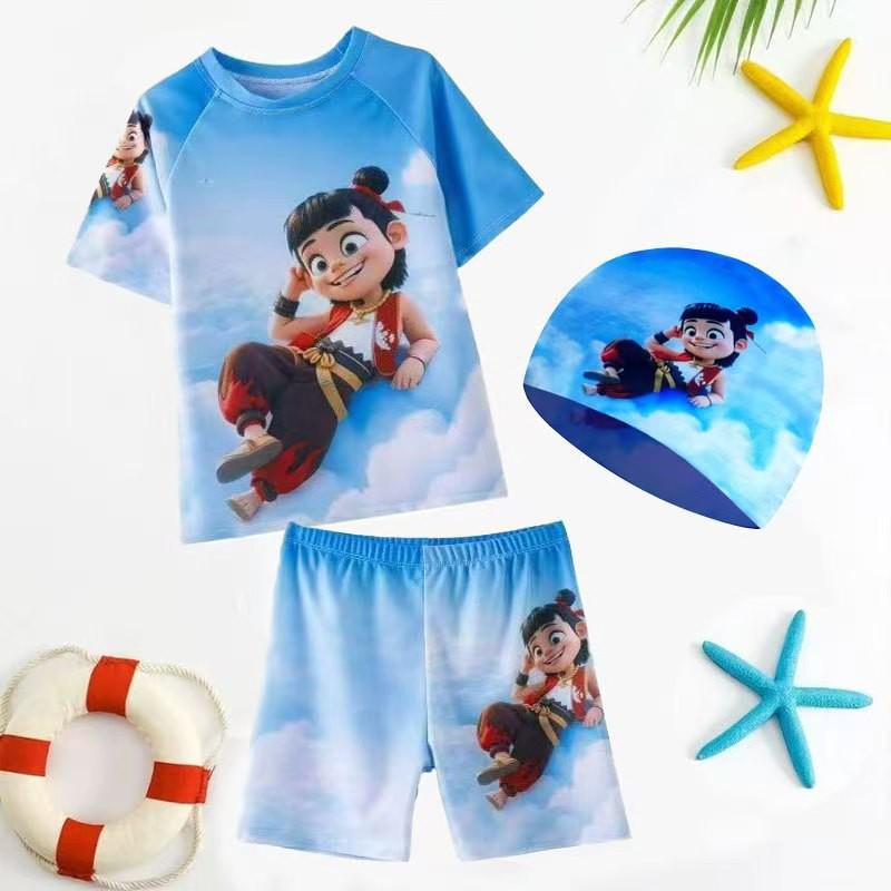 Boys Swimwear Set With Nezha Ao Bing Cartoon Print Quick-Dry Short Sleeve Top Shorts Including Matching Cap
