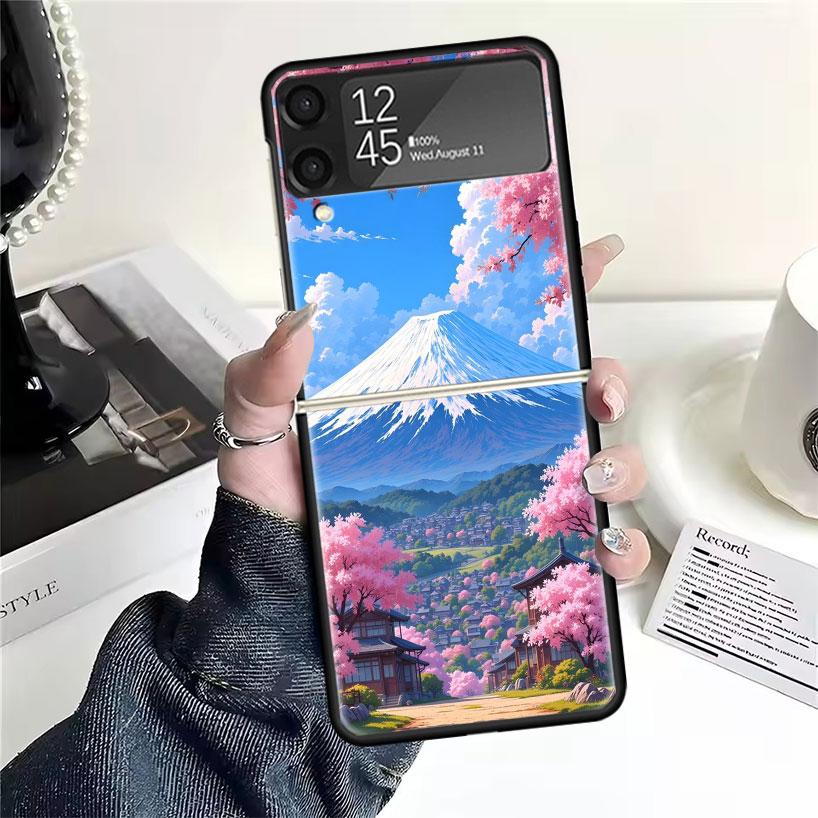 Japanese Cherry Mount Fuji Cases For Samsung Galaxy Z Flip 4 5 6 7 3 Z Flip7 Flip6 Flip4 Flip5 Flip3 5G Hard Shockproof Fundas C