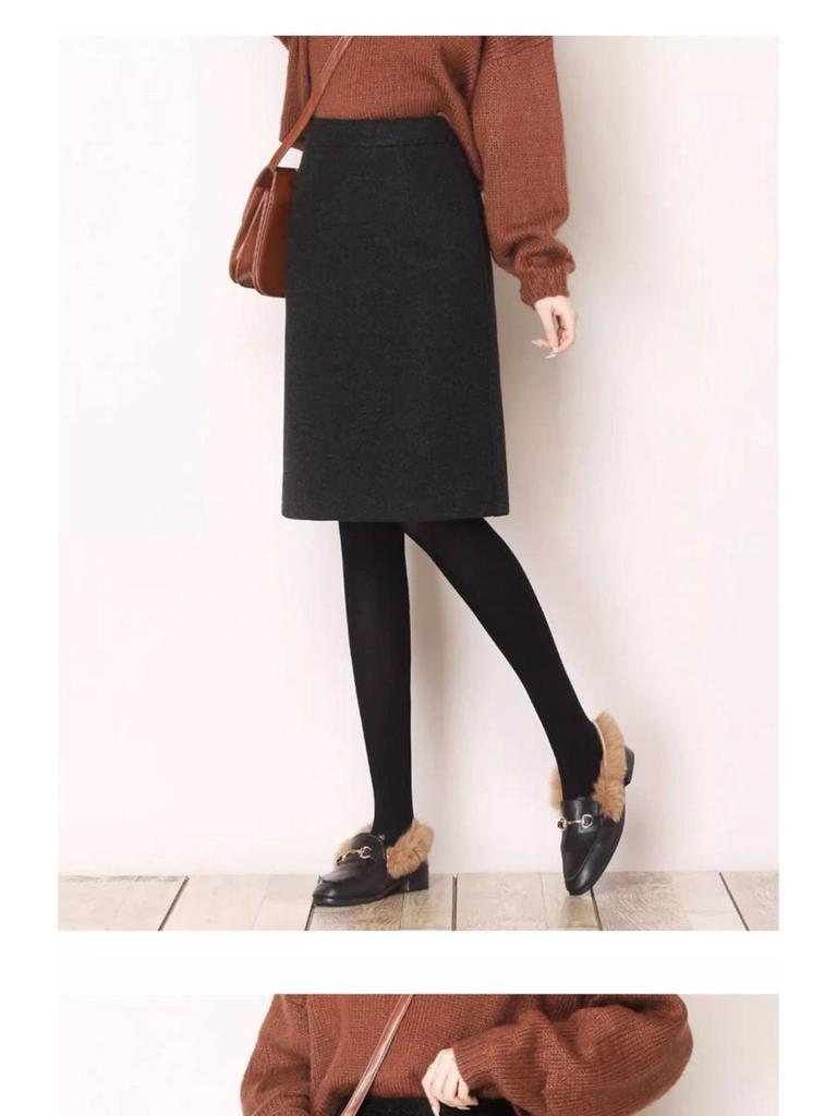 High-Waisted Woolen A-Line Midi Skirt: Simple, Slimming, Versatile, Wrinkle-Resistant with Back Slit, Perfect for Autumn and Winter.