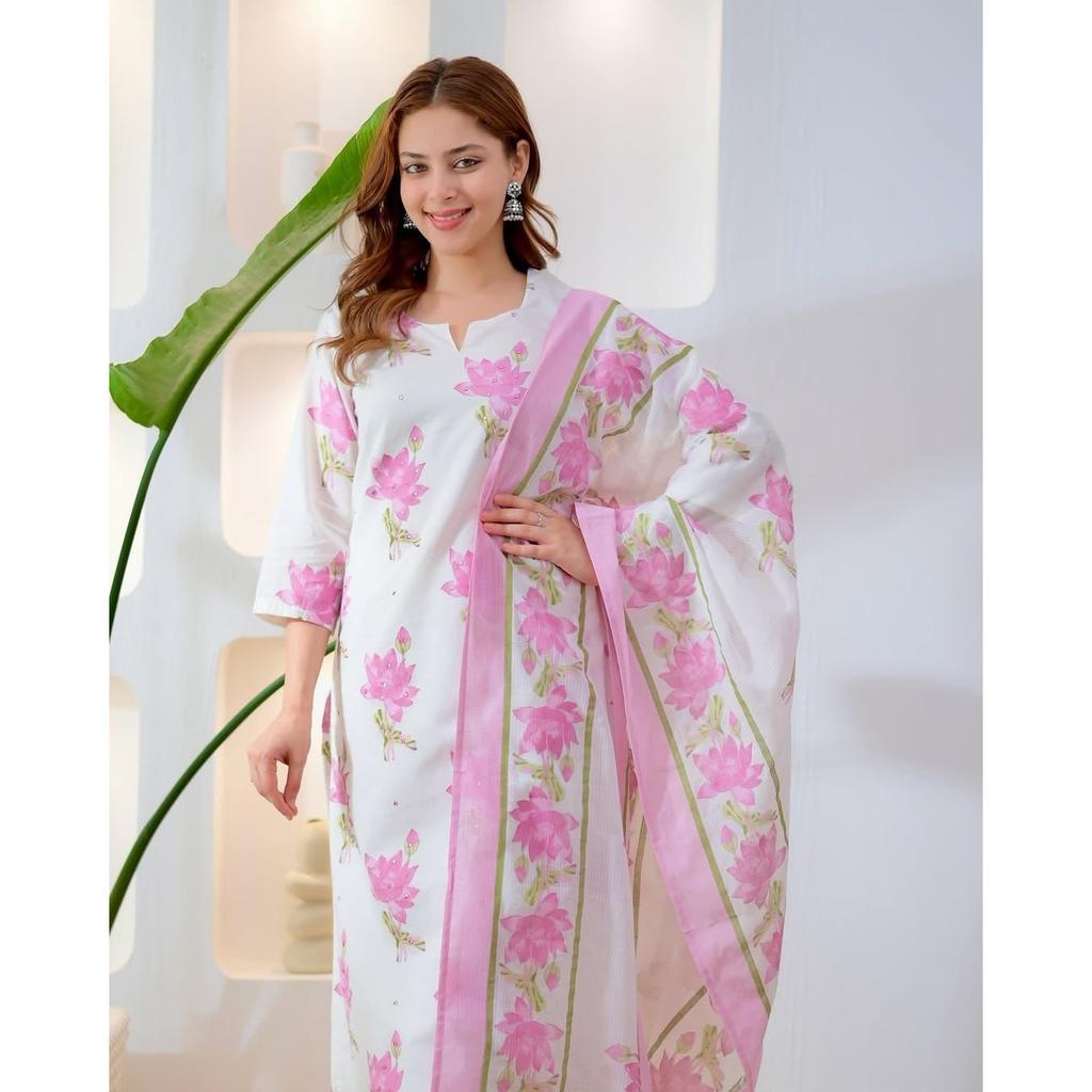 Beautiful Cotton Kurti Pant Dupatta Set Indian Bollywood Top Tunic Kurta Set