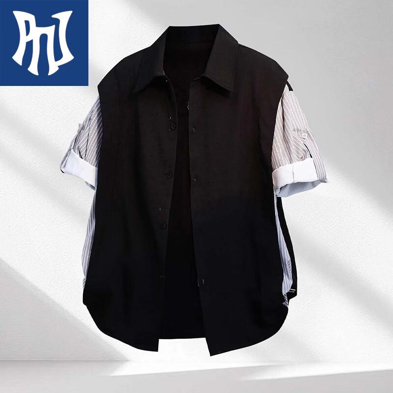 PNJ Men s Faux Two-Piece Striped Short Sleeve Shirt M